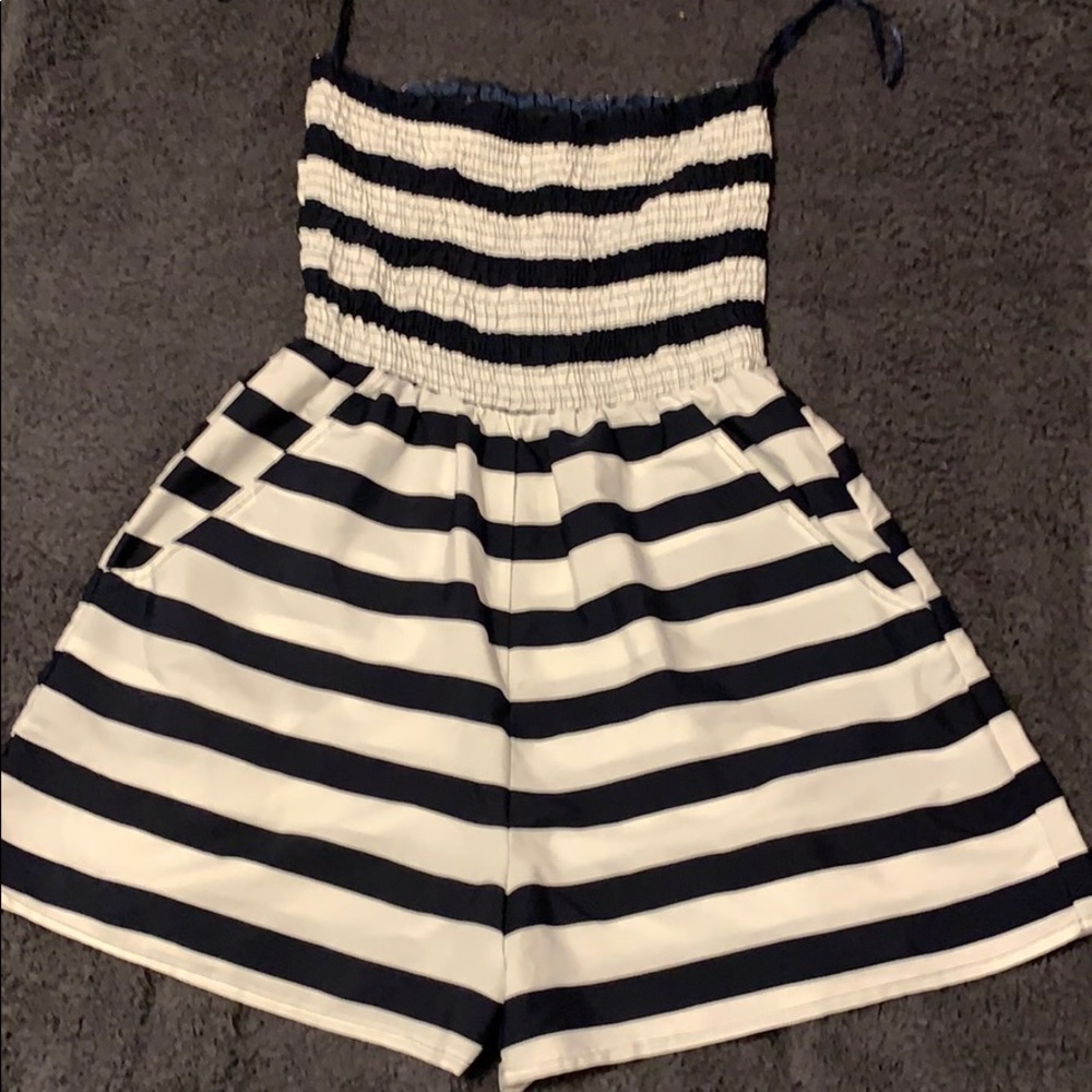 White with navy blue stripe romper